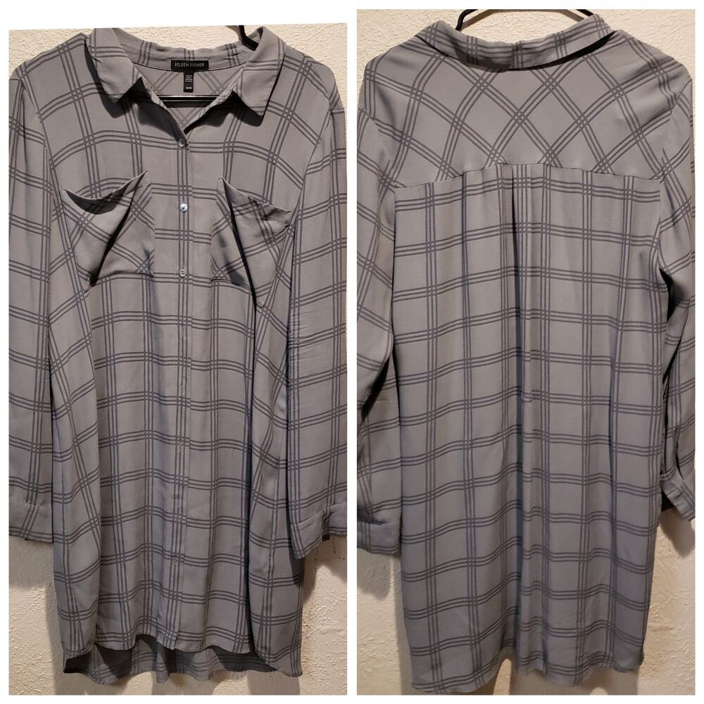Eileen Fisher Plaid Silk Georgette Crepe ASH Shirt Dress Tunic size Medium